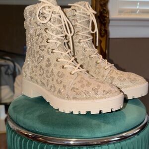 Gianni Bini Sparkling Cheetah Lace-Up Combat Boots